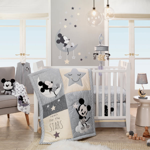 Lambs & Ivy Disney Baby Mickey Mouse Gray/Yellow 4-Piece Crib Bedding Set