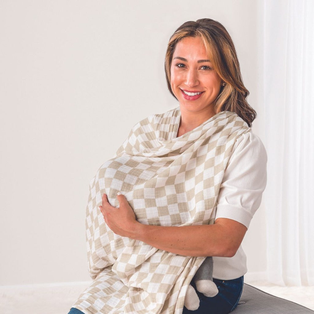 Itzy Ritzy Breastfeeding Boss Muslin Feeding and Swaddle Cloth - Taupe Checkerboard